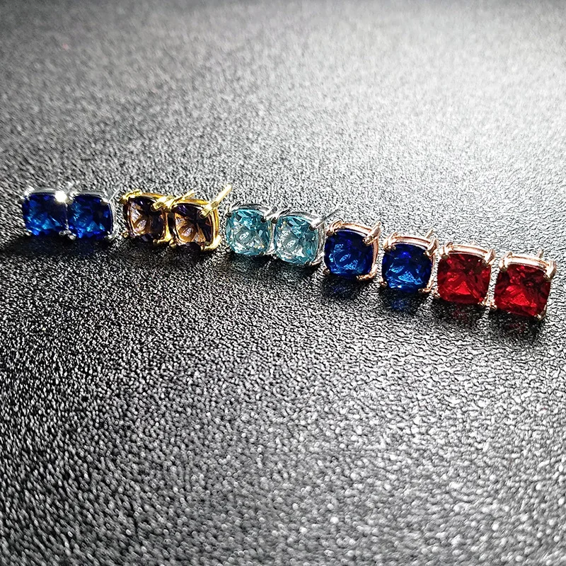 

Hot Sale Square Cubic Zirconia Stud Earrings Blue Red Purple Diamond Stud Earrings For Girls