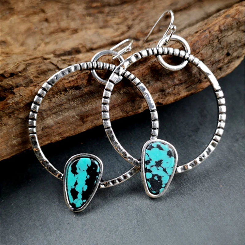 

Ins new jewelry European and American exaggerated large circle drop earrings 925 retro Turquoise Earrings wholesale, As picture