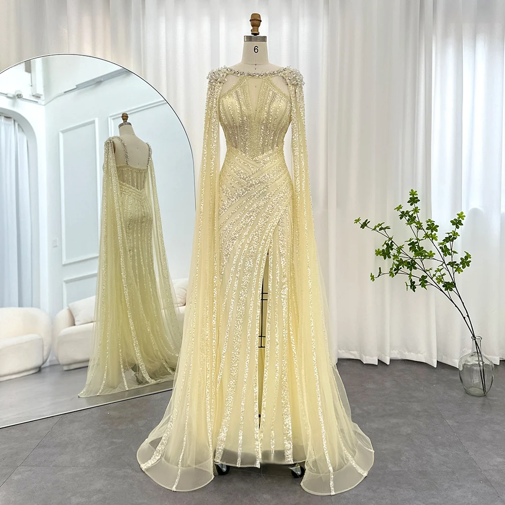 

Luxury Crystal Dubai Yellow Evening Dress With Cape Sleeves 2023 Lilac Arabic Mermaid Women Wedding Party Gown Scz149