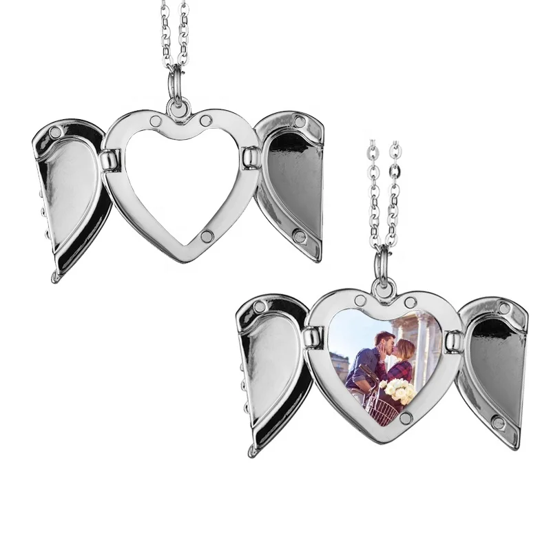 

New Coming Sublimation Blank Heart Lockets Necklace Printable Wing Necklace Pendant, Silver/gold