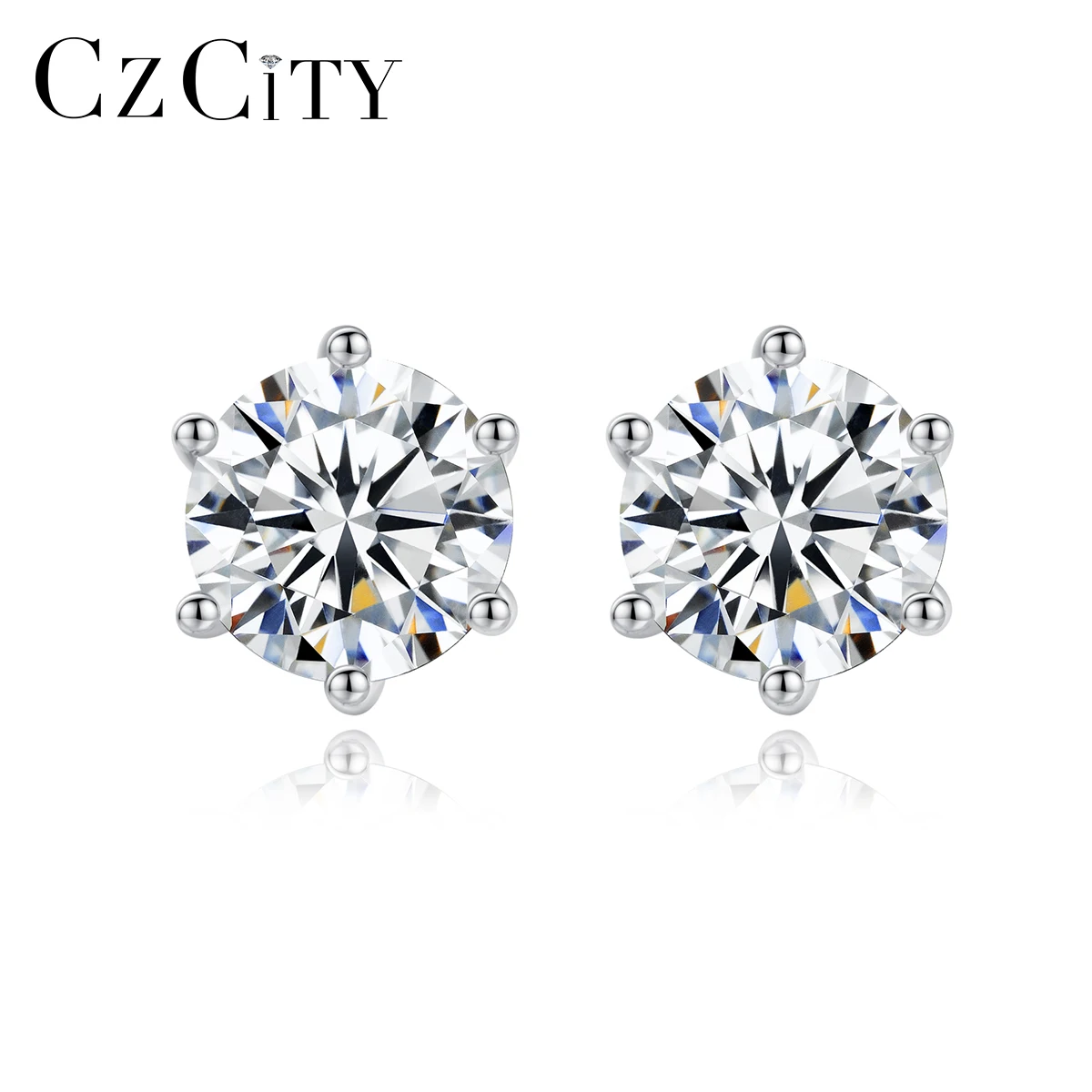 

CZCITY Moissanite Classic 925 Sterling Silver Stud Earring Round Moissanite Diamond Prong Stud Earring