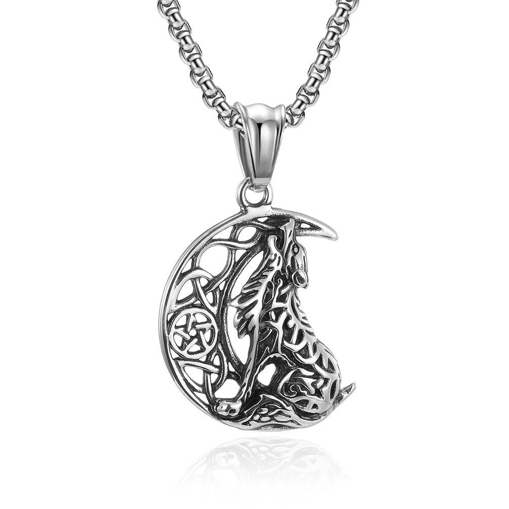 New stainless steel crescent moon nordic celtic viking wolf pendant necklace