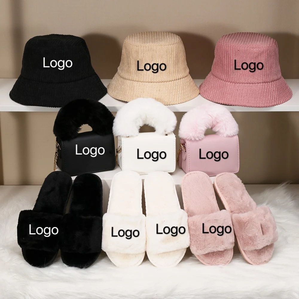 

New arrivals 3 piece set Furry Fur Purses Women Handbags Slippers and Hat Set Women Purses Handbags for Women, Customizable