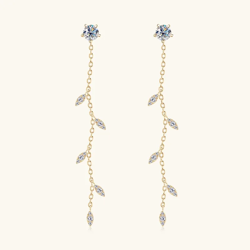 Elegant Leaf Design VVS1 Long Moissanite Earring 925 Sterling Silver Luxury Party Yellow Moissanite Earrings for Women