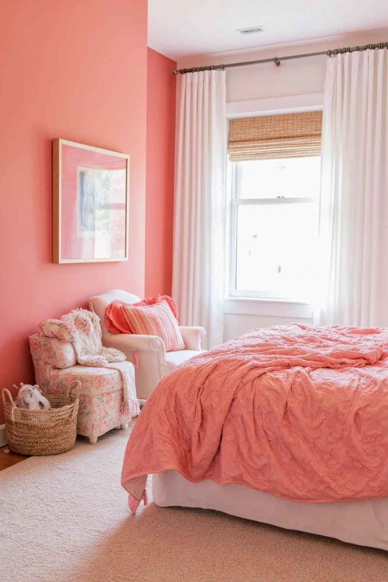 Coral throw pillows on bed