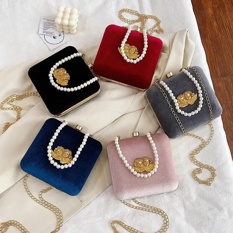 

B10075 2020 New velvet Noble women Pearl Purses handbags Mini Retro shoulder Chain Evening Crossbody bag, Pic
