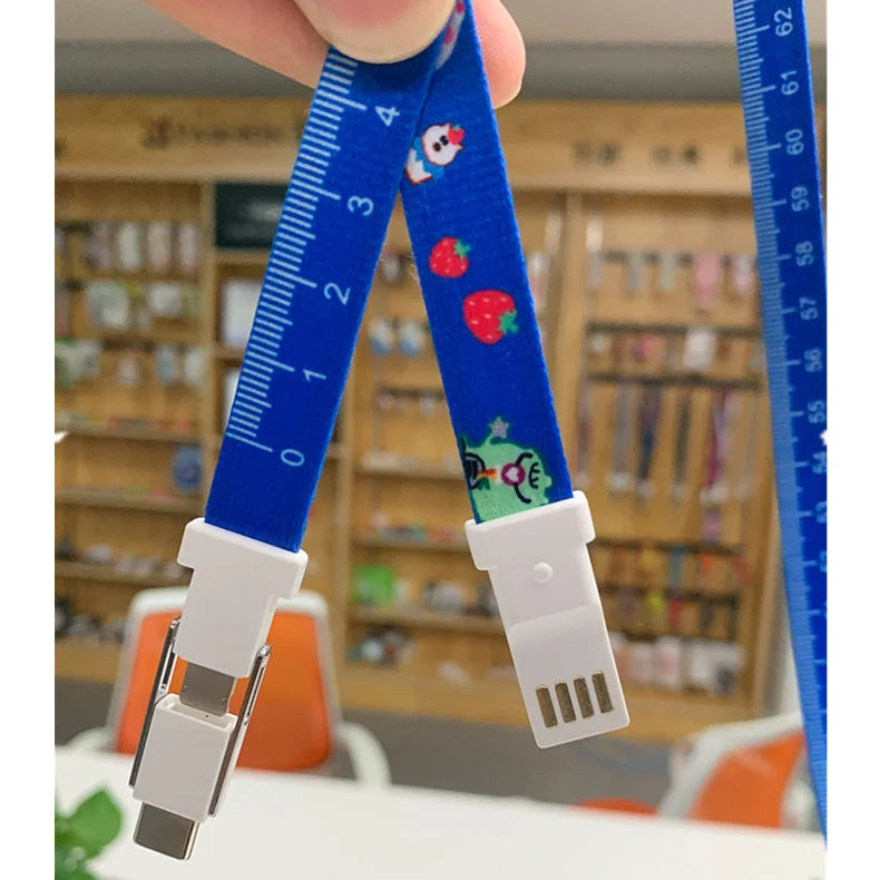 

Popular 3 in 1 USB Charging Cable Customize Lanyard Neck Strap Soft Ruler Date Cable For IOS/Micro/Type-C Charge Cable Line