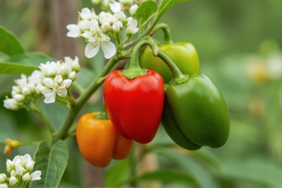 Close-up photograph of red and green bird's eye peppers growing on plant with white flowers