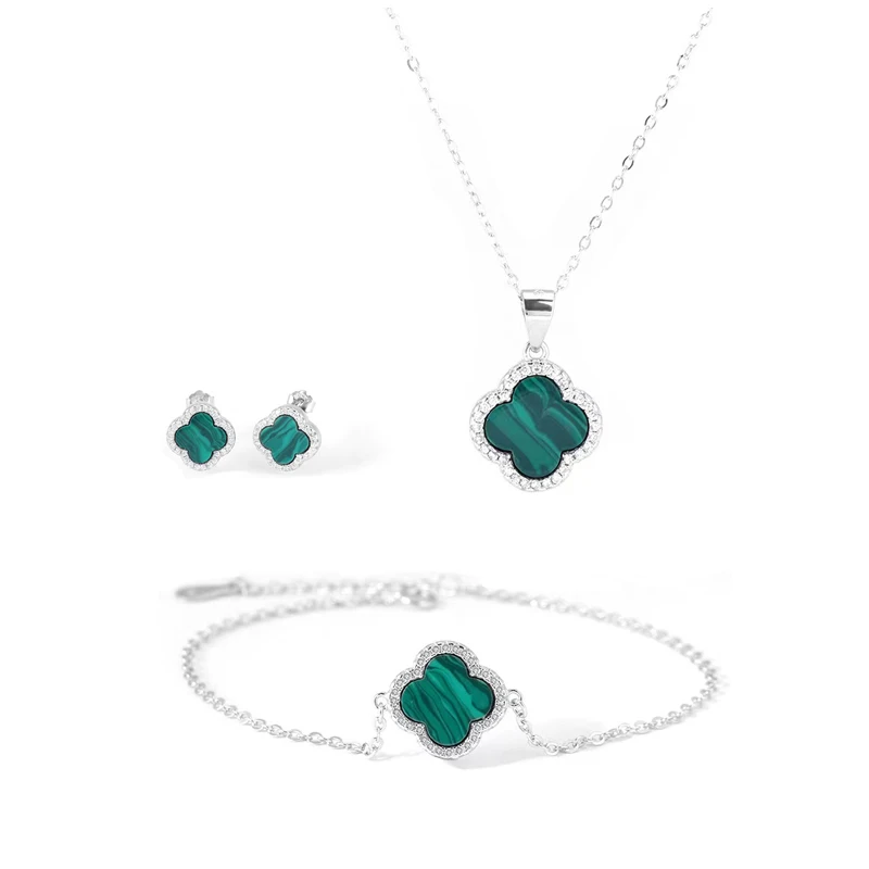

2022 new 925 sterling silver gemstone diamond pendant lucky four leaf clover necklace earrings bracelet jewelry set for women