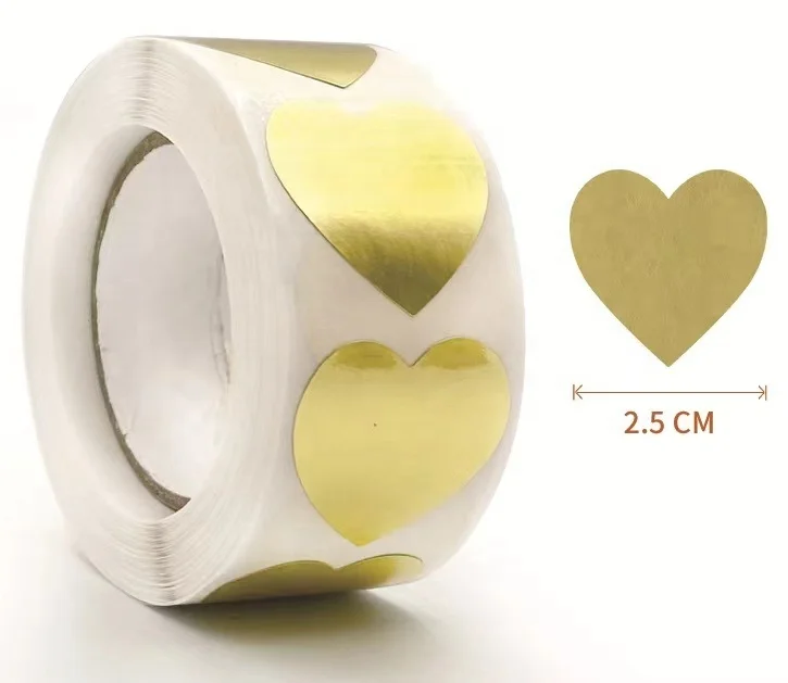 

500PCS/Roll 1inch Gold heart wholesale label sealing stickers for kids gift box packaging decoration
