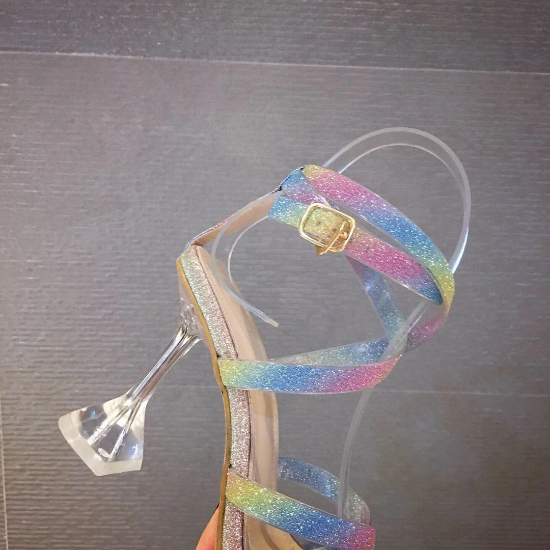 Rainbow Colorful Glitter Sandals For Women Clear High Kitten Heel Pumps