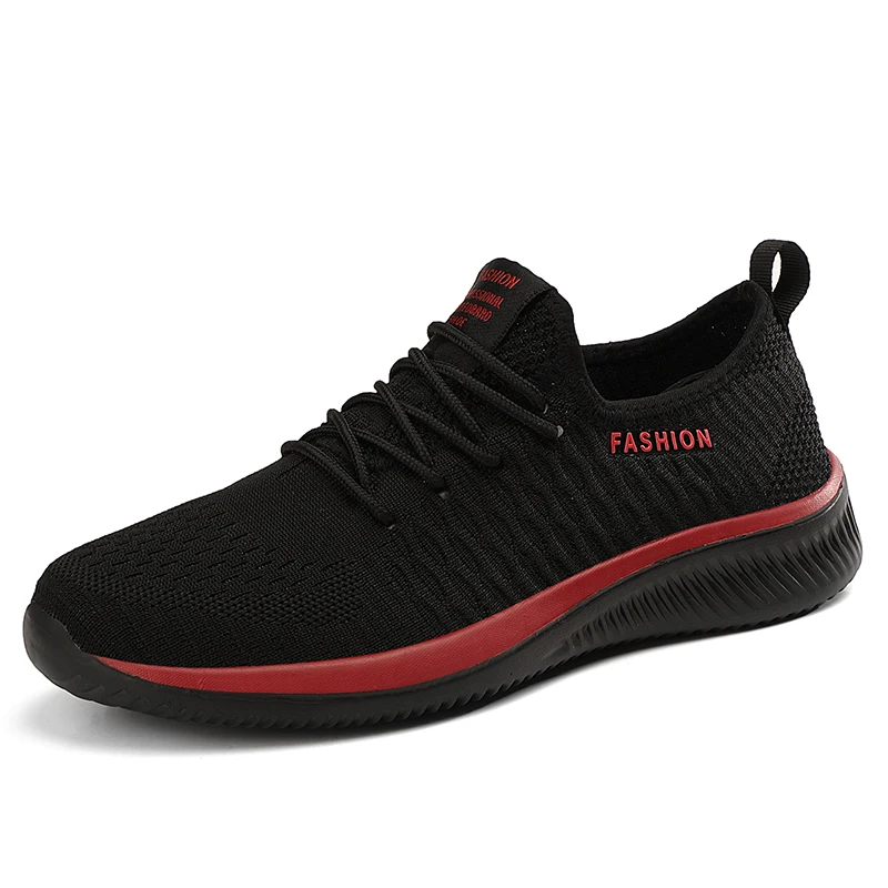 

China Factory New knitted fabric Breathable Women Sports Shoes Men Black Shoes Lightweight Comfortable Running cheap shoes, Black/red,black/green,black/grey