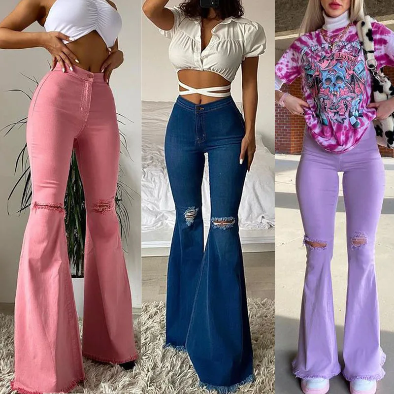 

New High Waist color Flare Stretch Bell Bottom Pant Ladies Denim Ripped Jeans Women, Picture shows