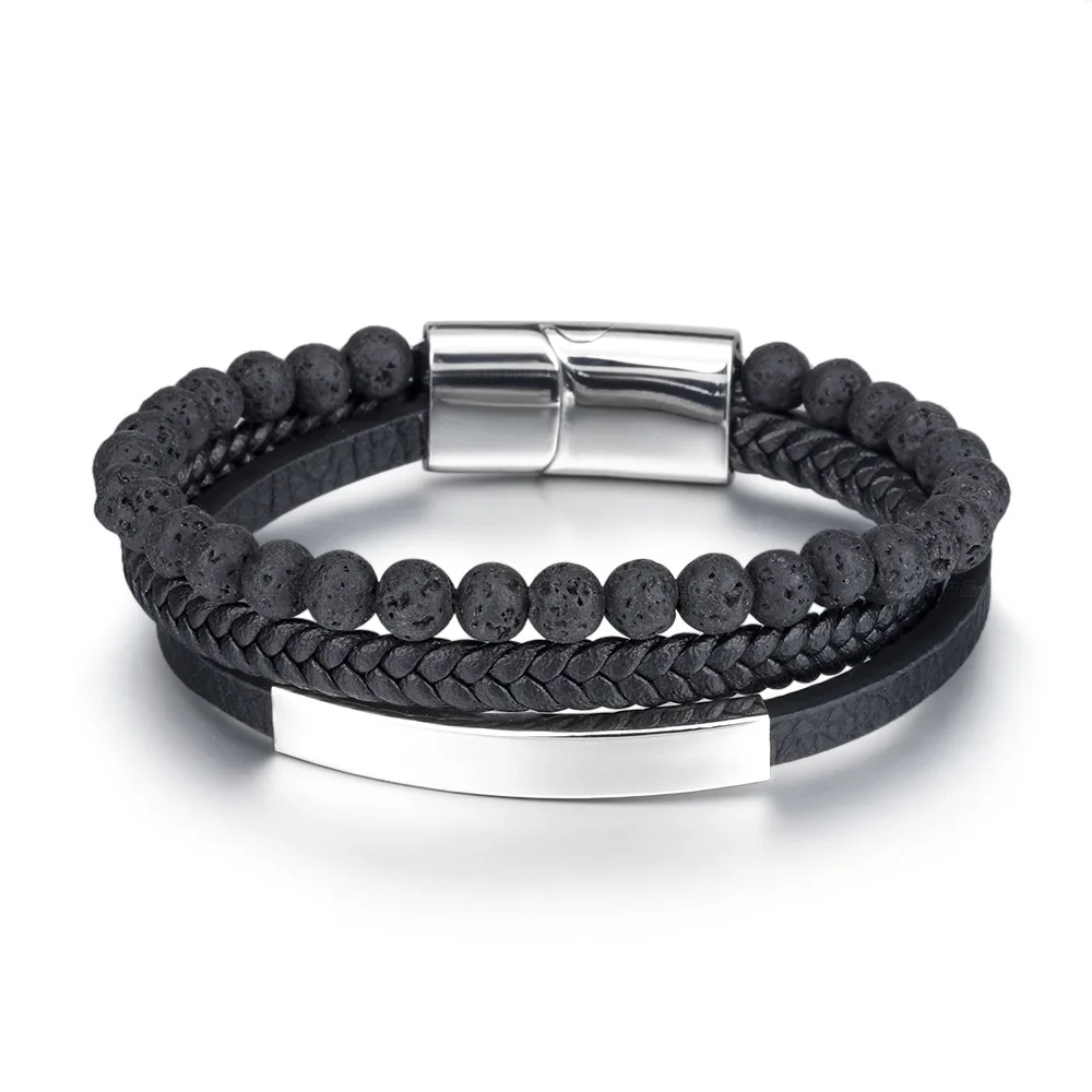 

Natural Volcanic Rock Stone Beaded Bracelet Men Stainless Steel Magnetic Buckle Leather Bracelet