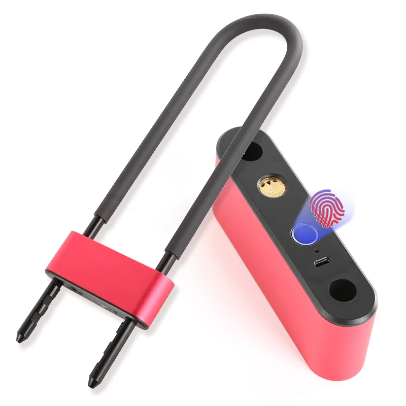 

smart u-lock Anti-Theft motorbike or bicycle Fingerprint Key fingerprint double unlock U-lock, Black,rose red