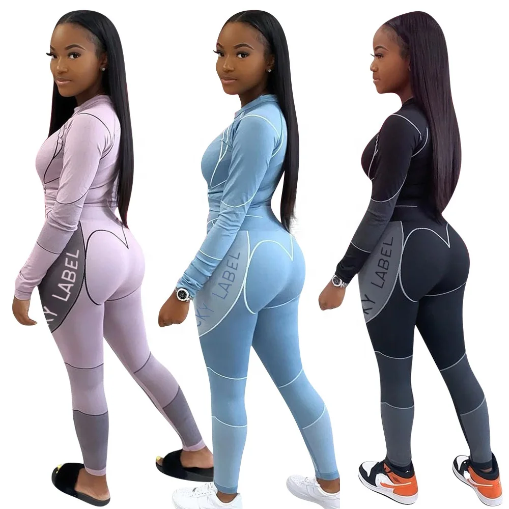 

Amazon USA new fashion lucky label printed long sleeve tops pants set tracksuit outfits sports yoga wear woman two piece set, Optional