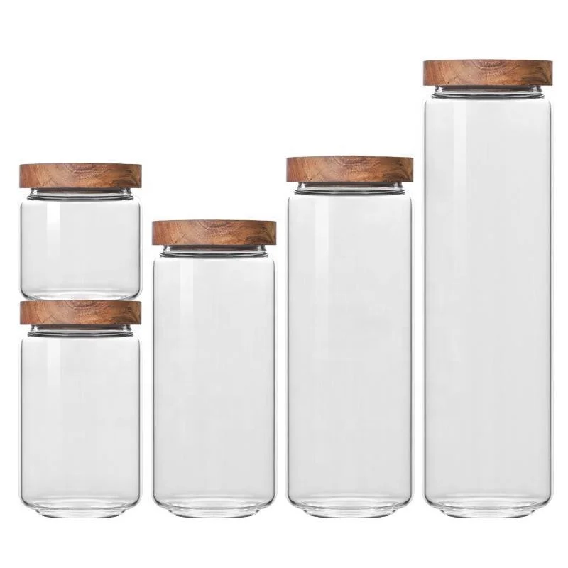 

Wholesale Large Clear Straight High Borosilicate Glass Storage Jar Seasoning With Acacia Wooden Lid