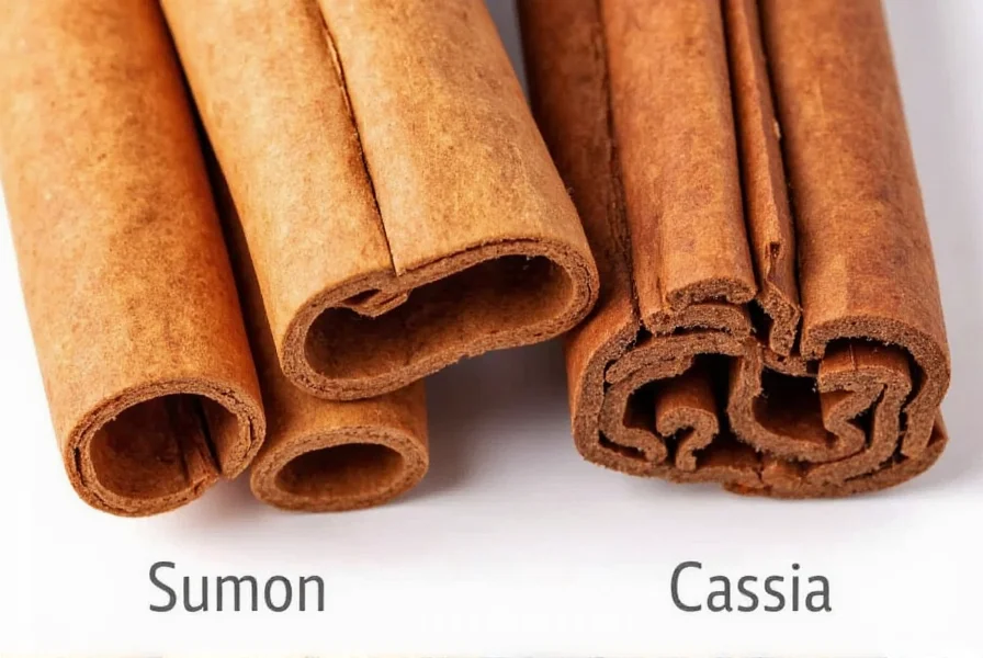 Close-up comparison of Ceylon cinnamon sticks versus Cassia cinnamon sticks showing the thinner, multi-layered Ceylon versus the thicker, single-layered Cassia