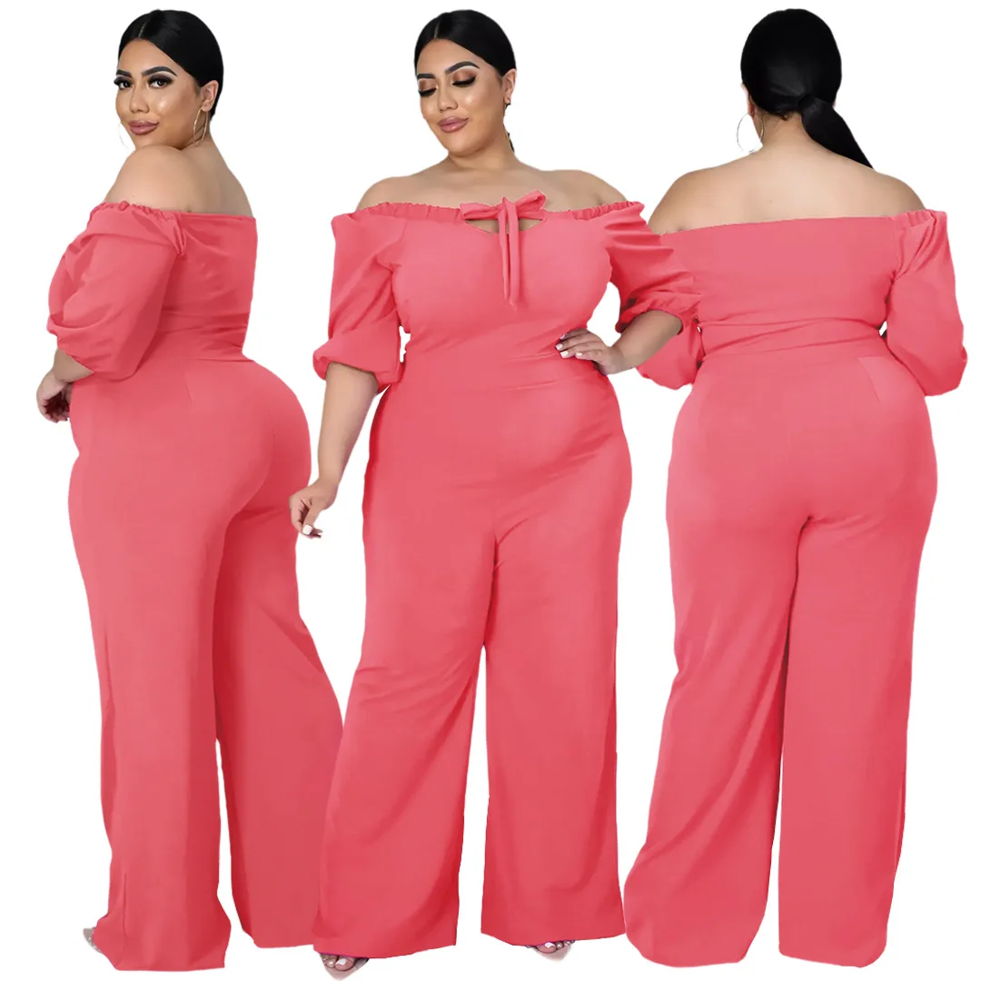 

2021 fashion large size women's plain color one - word shoulder strap wide leg pants jumpsuit, Picture color