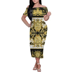 Summer Casual Lady dress Off Shoulder dresses Casual Short Sleeve Plus Size Gowns Custom European Baroque Style Gold Dress