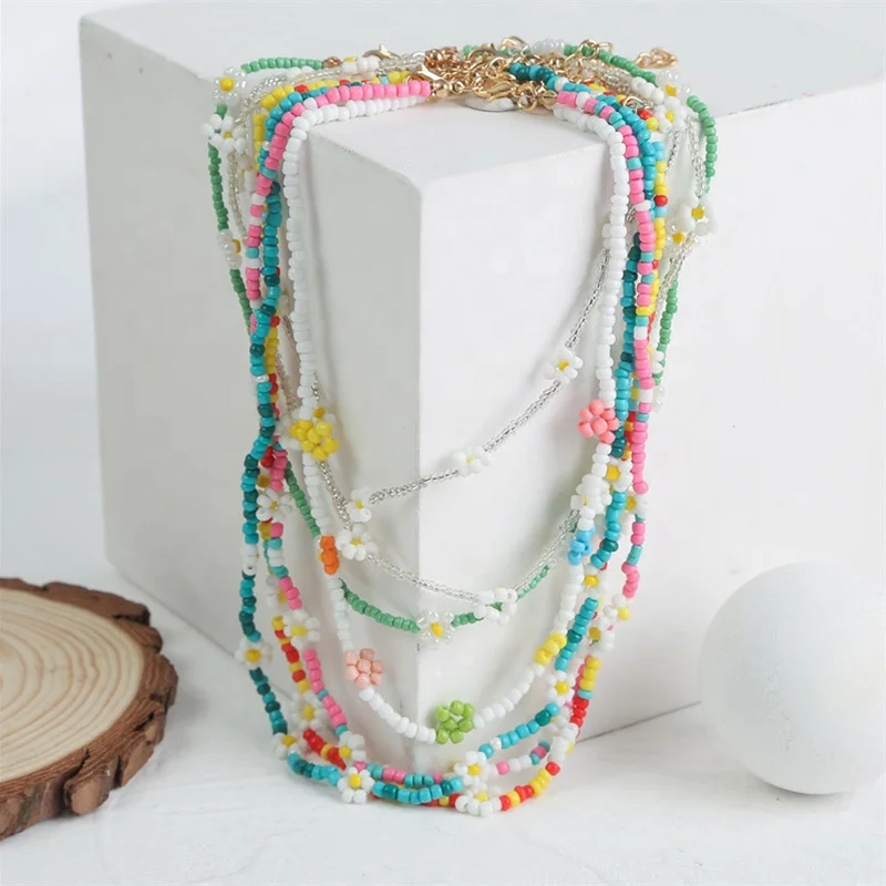 

Hot selling classic jewelry women boho colorful seed beaded handmade long necklace simple fashion weave flower pendant necklaces