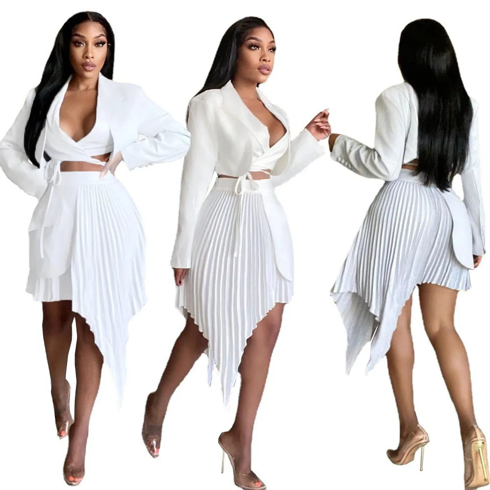 

New Boutique Women Clothing Sexy Lace-up Crop Top Jacket And Skirt Sets High Street Ladies Fashion Elegant Ruffle Skirt Set, White