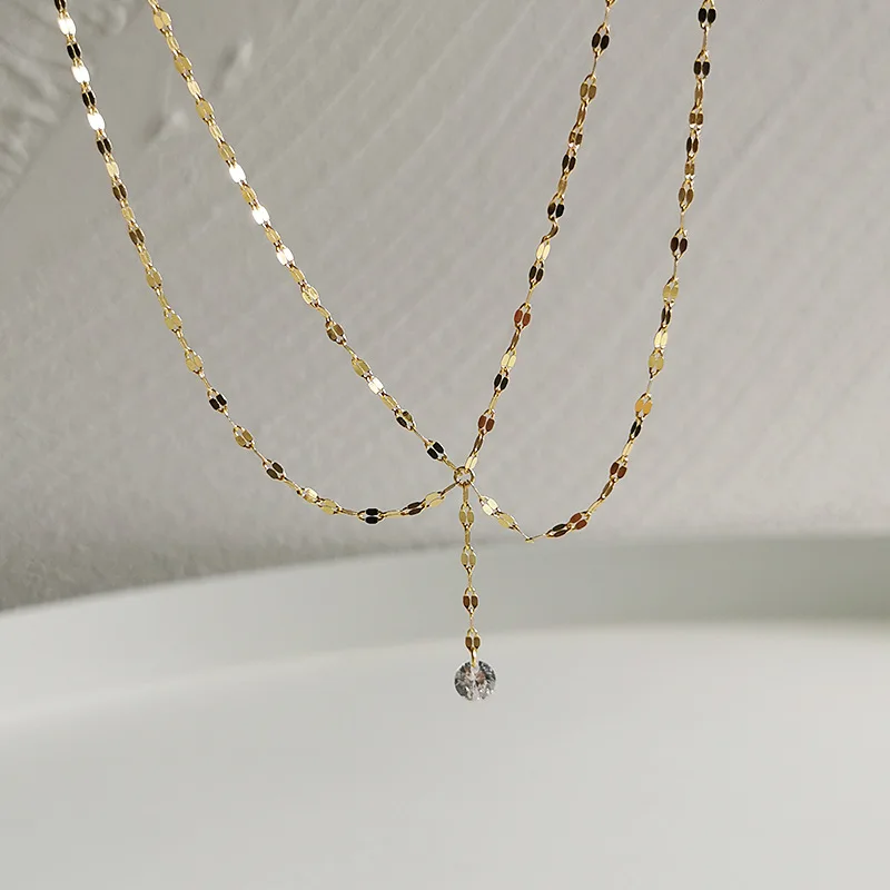 

Light Luxury Sterling Silver Double Layer Cross Chains Necklace S925 Silver Round Zircon Pendant Necklace