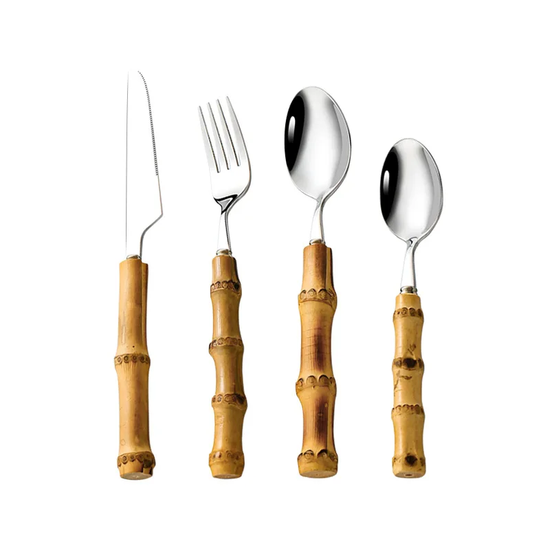 

Eco-friendly Cutlery Bamboo Spoon Silverware Set Stainless Steel Flatware set With Bamboo Handle