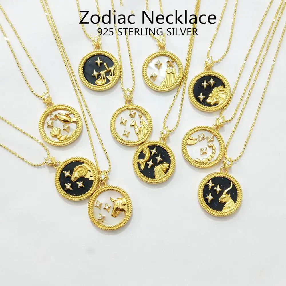 

High Quality S925 Sterling Silver Natrual Oysters Gold Shell Zodiac Necklace For Women, White or black