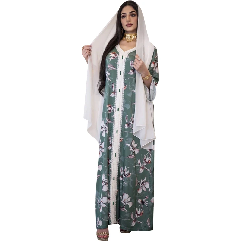 

Middle Eastern Women's Amazon Print Long Lace Dress Abaya Muslim Jalabiya, Picture