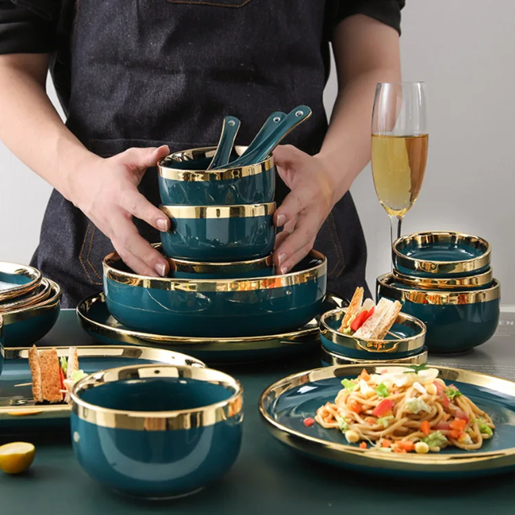 

In Stock Nordic Style Green Golden Rim Ceramic Dishes Dinner Porcelain China Crockery Tableware Set, Customized accord