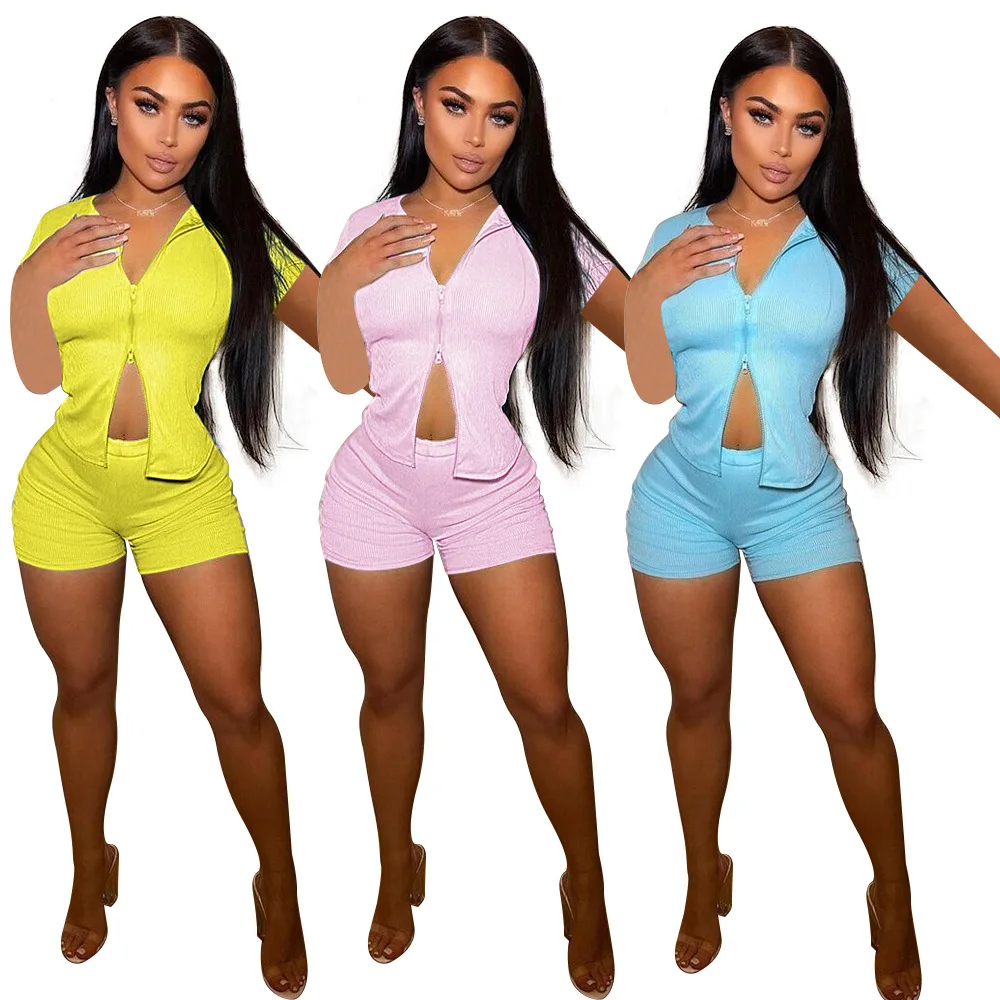 

Trending Products 2021 New Arrivals Wear Zipper Tops Women's Biker Shorts Solid 2 Two Piece Shorts Sets Casual Summer Clothes