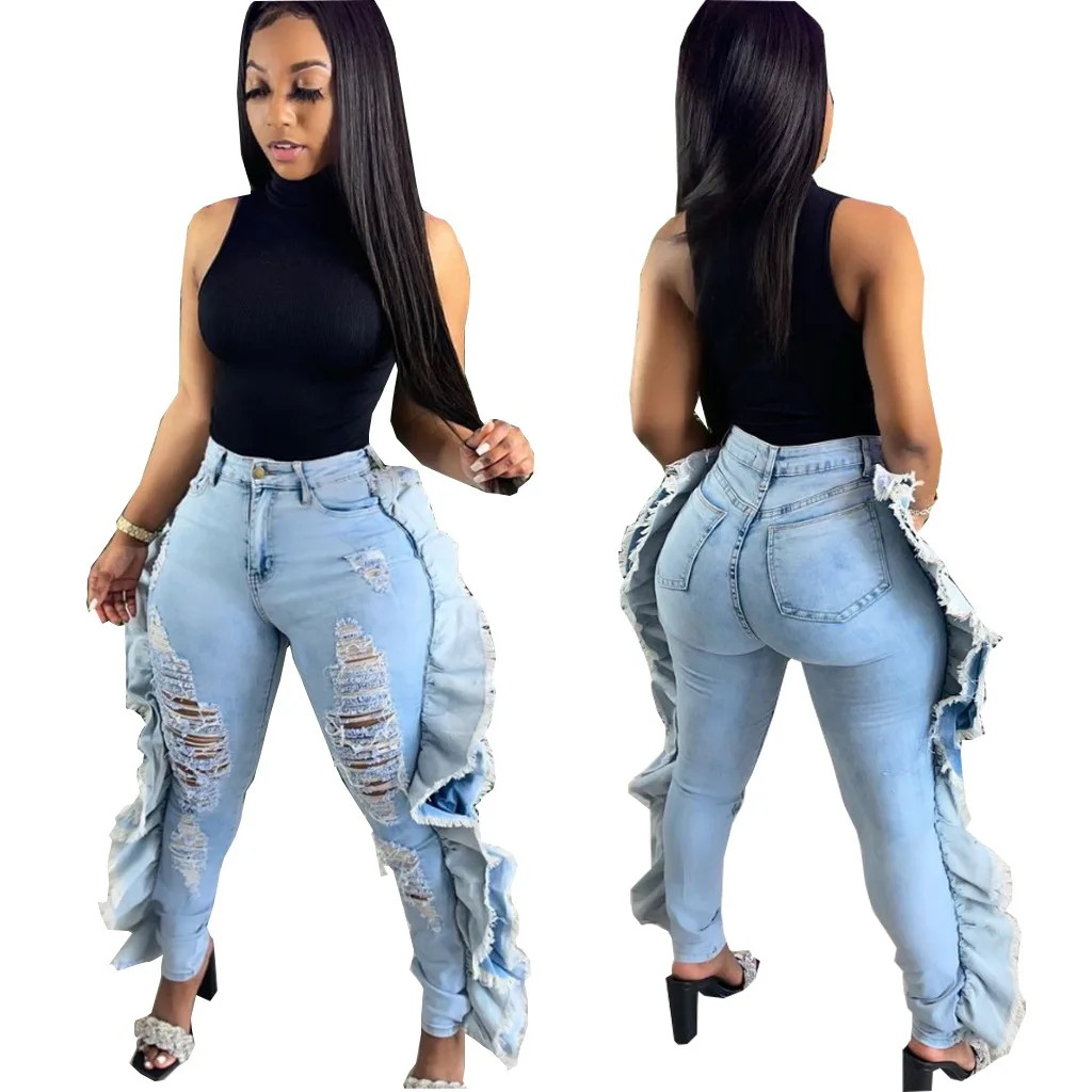 

Trending women clothing 2021 new arrivals Sexy Jeans Street Ripped Denim Ruffle Trousers Girl Holes high waist jeans pant, Blue
