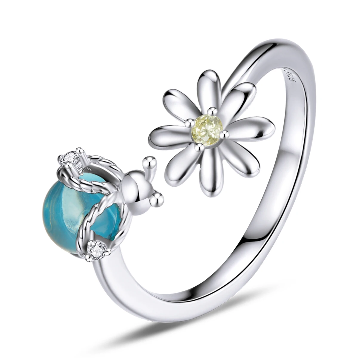 

Sterling Silver S925 Firefly and Flower Open Ring Fashion Insect Ring, Silver color