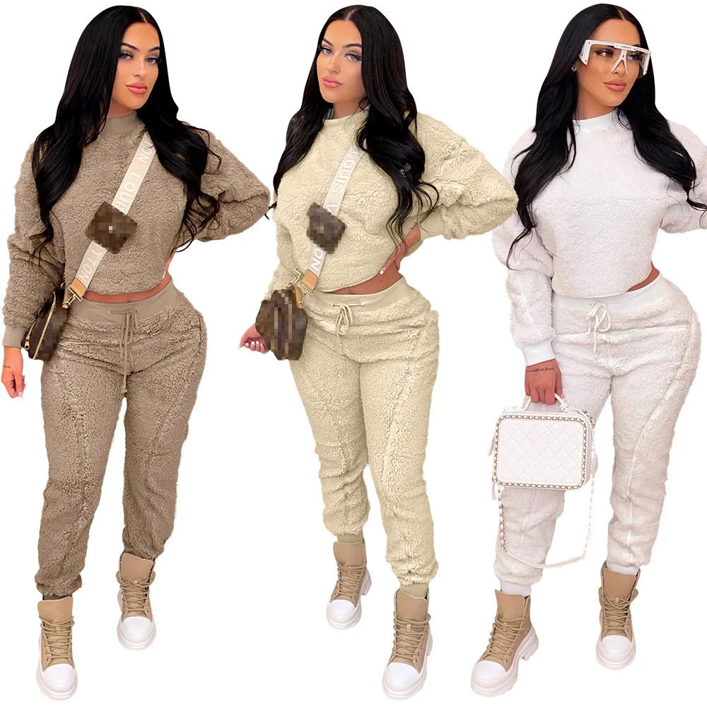 

2022 Ladies Girls' Fashion 2 Piece Crop Tops Joggers Tracksuits Thick Warm Pant Sets Faux Fur Coats Winter Two Piece Pant Sets