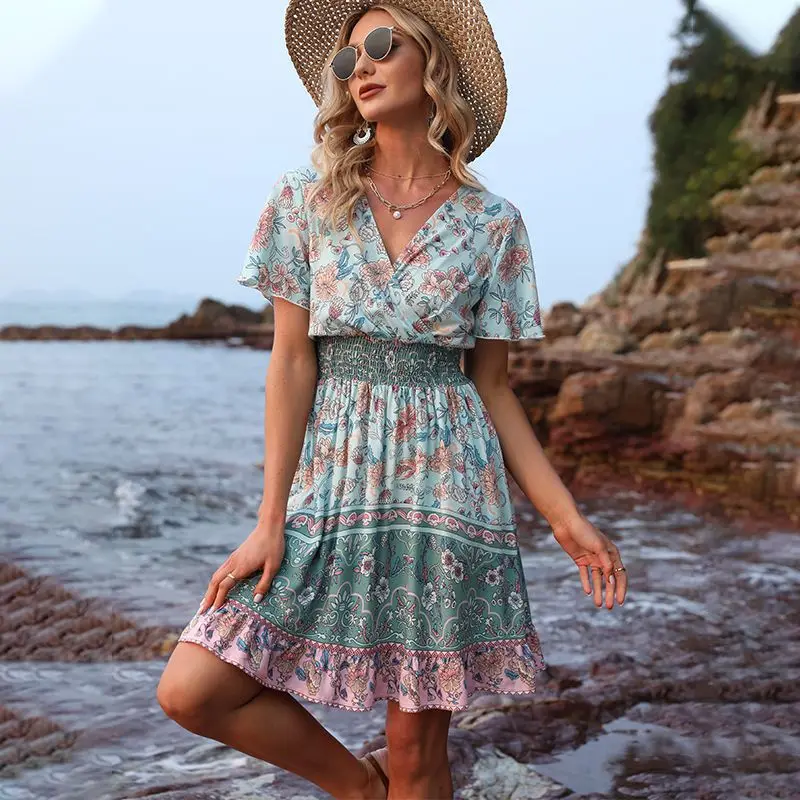 

vestidos vintage 2021 New Design Short Sleeve V Neck Retro Print Bohemian Frocks Short Dresses Women Elegant Casual Dresses, Picture