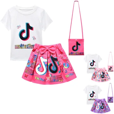 

Factory Wholesale Drop Shipping Ins Tumblr Tiktok Short Tshirt With Skirt Bag 3 Pcs Per Set Kids Children Cheap Clothing Suit