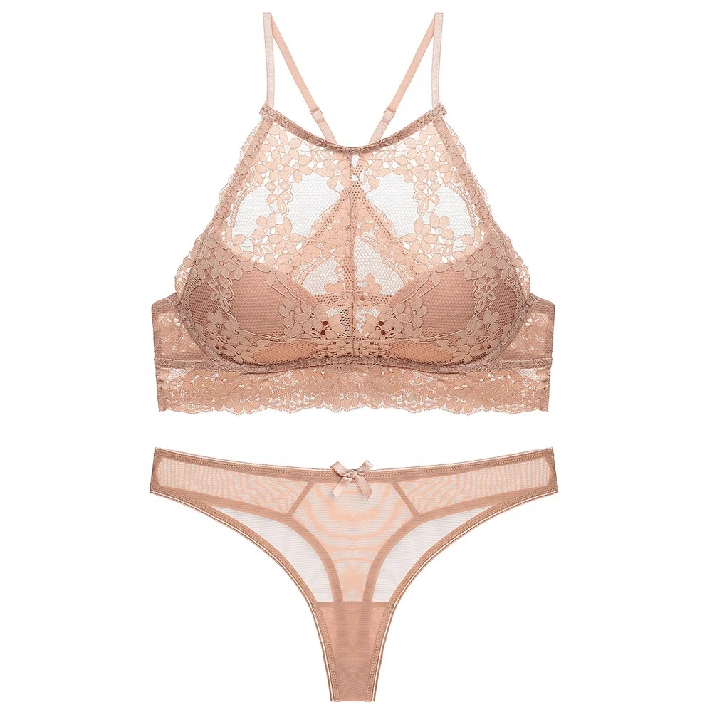 

French Cutout Gathered Hot Sexy Back Lace Bra Thong Set