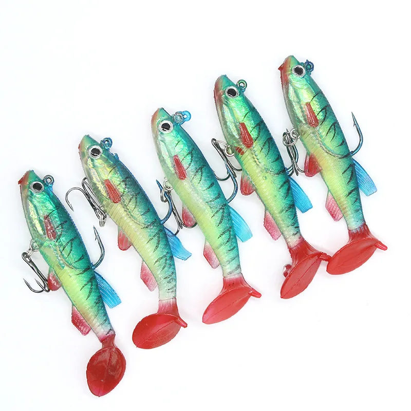 

T-tail bait 9cm14g bionic bait wholesale double hook package lead fish with weight soft bait five-color artificial, 7colors