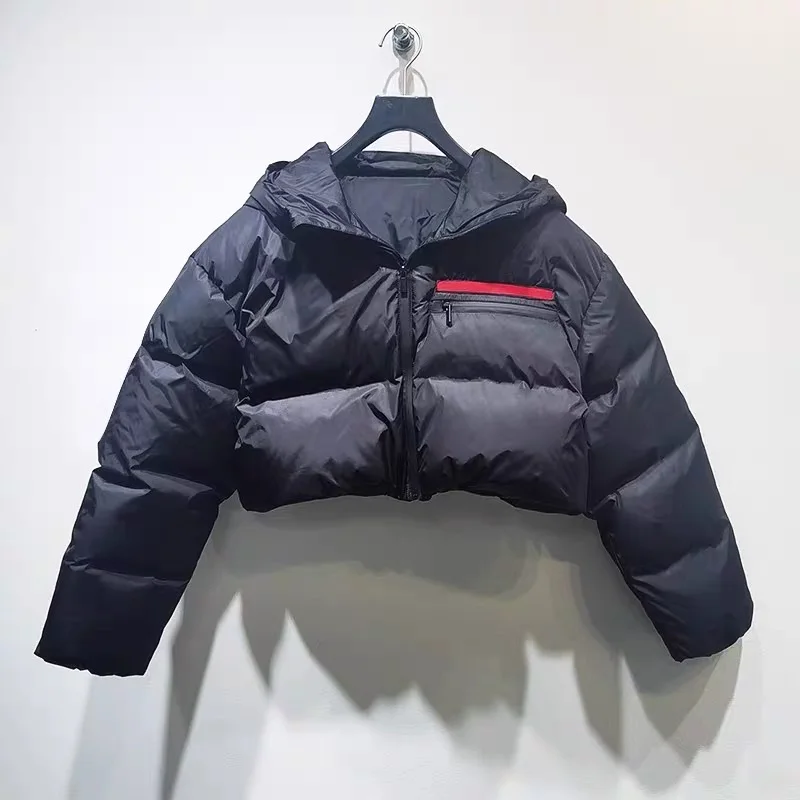

New autumn and winter zipper hooded white duck down coat ultra short small women's down jacket, Black