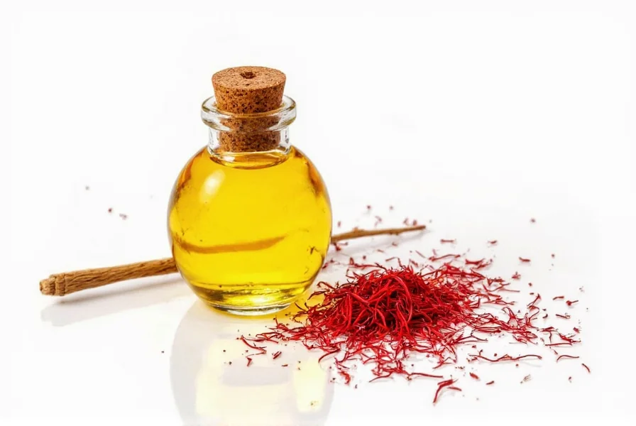 Comparison of genuine saffron threads next to bottle of golden saffron-infused oil and safflower oil bottle