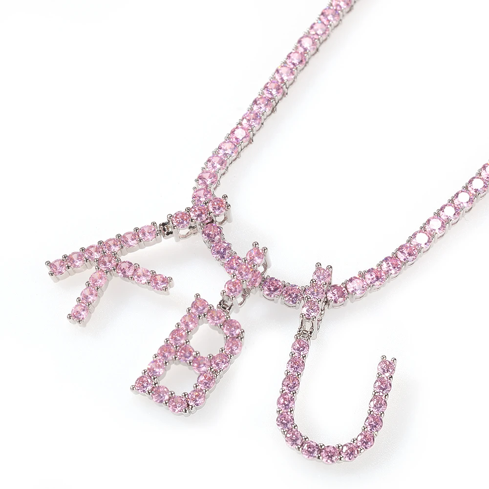 

CZ Custom Tennis Initial Pink Letter Pendant Necklace Iced Out Cubic Zirconia Mens Women Jewelry