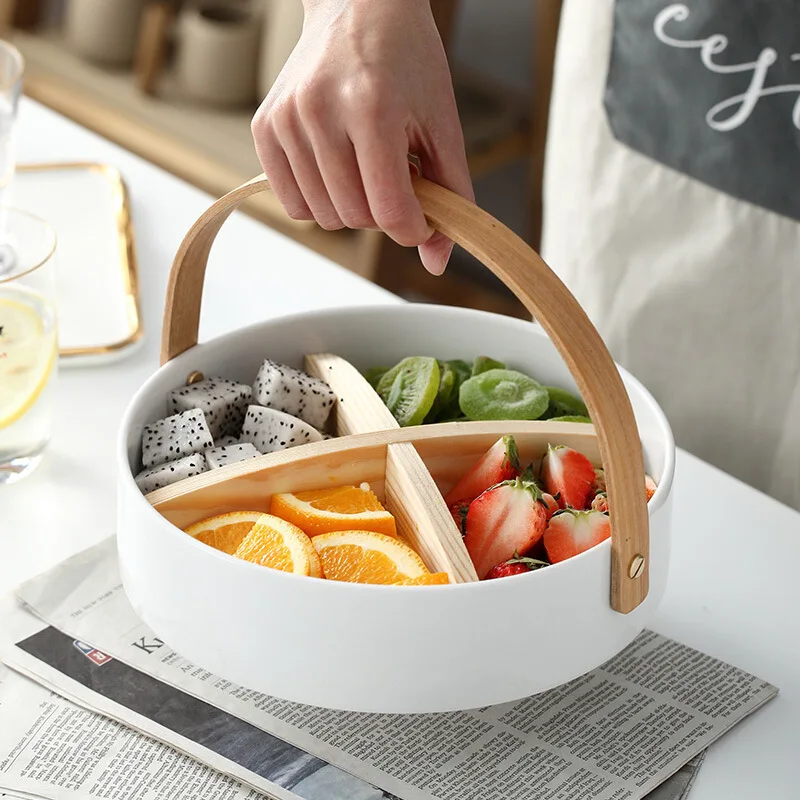 

Small Size Snacks Nuts Candy Serving Divider Ceramic Basket With Wooden Handle White Baskets For Fruit Tea Time, White or any pms colour is accepted