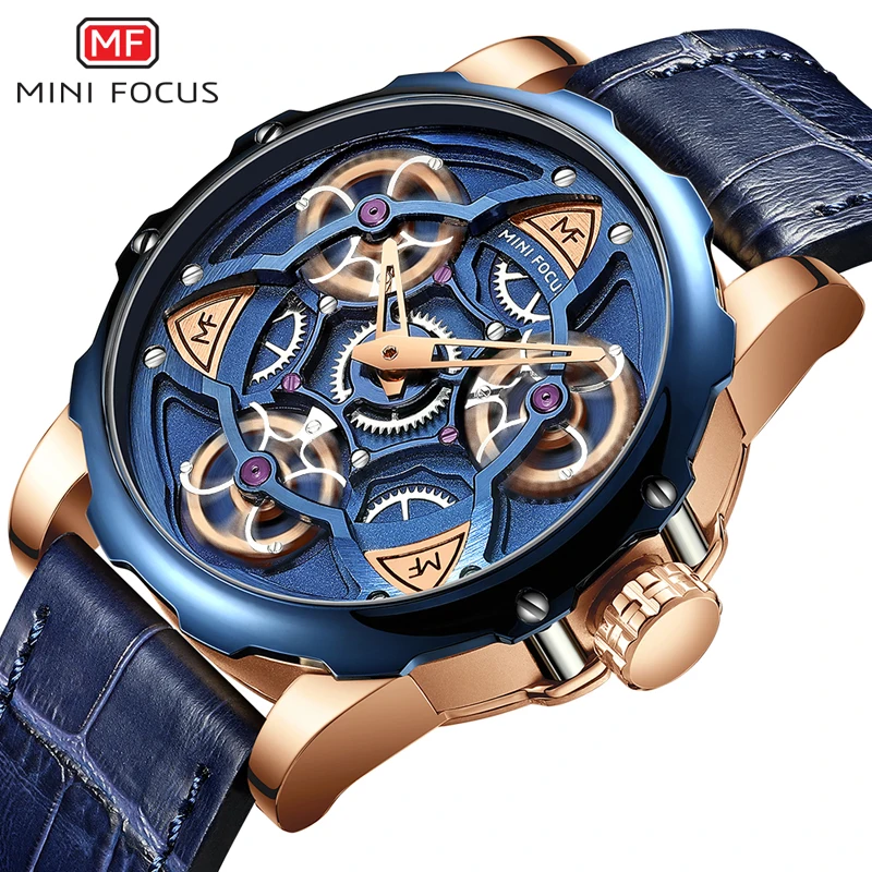 

Mini focus 0249 3ATM water resistant skeleton mechanical design genuine leather strap mens wrist quartz watch