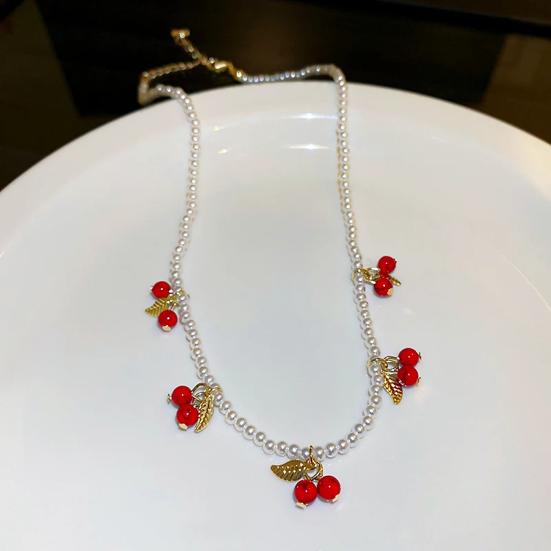 

red natural stone bead small pearl necklace women