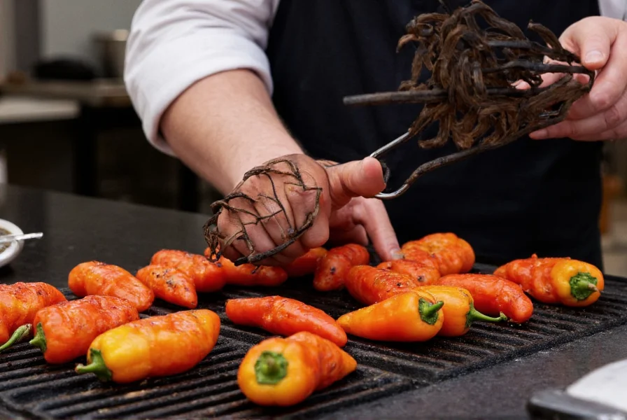 Professional chef demonstrating proper pepper placement on grill grates with optimal spacing for even charring