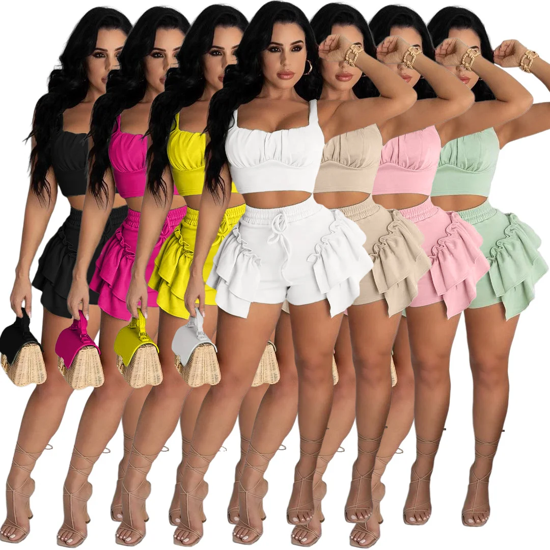 

New Arrivals Lace Up Short Sets For Women Sleeveless Crop Top Sexy 2 Piece Set Women Summer Ruffled 2 Piece Sets