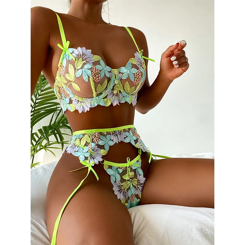 

Luxury Women Sexy Lingerie Sets Garters Bow Floral Embroidery Push Up Bras Thong Transparent Erotic Costumes Sensual Underwear