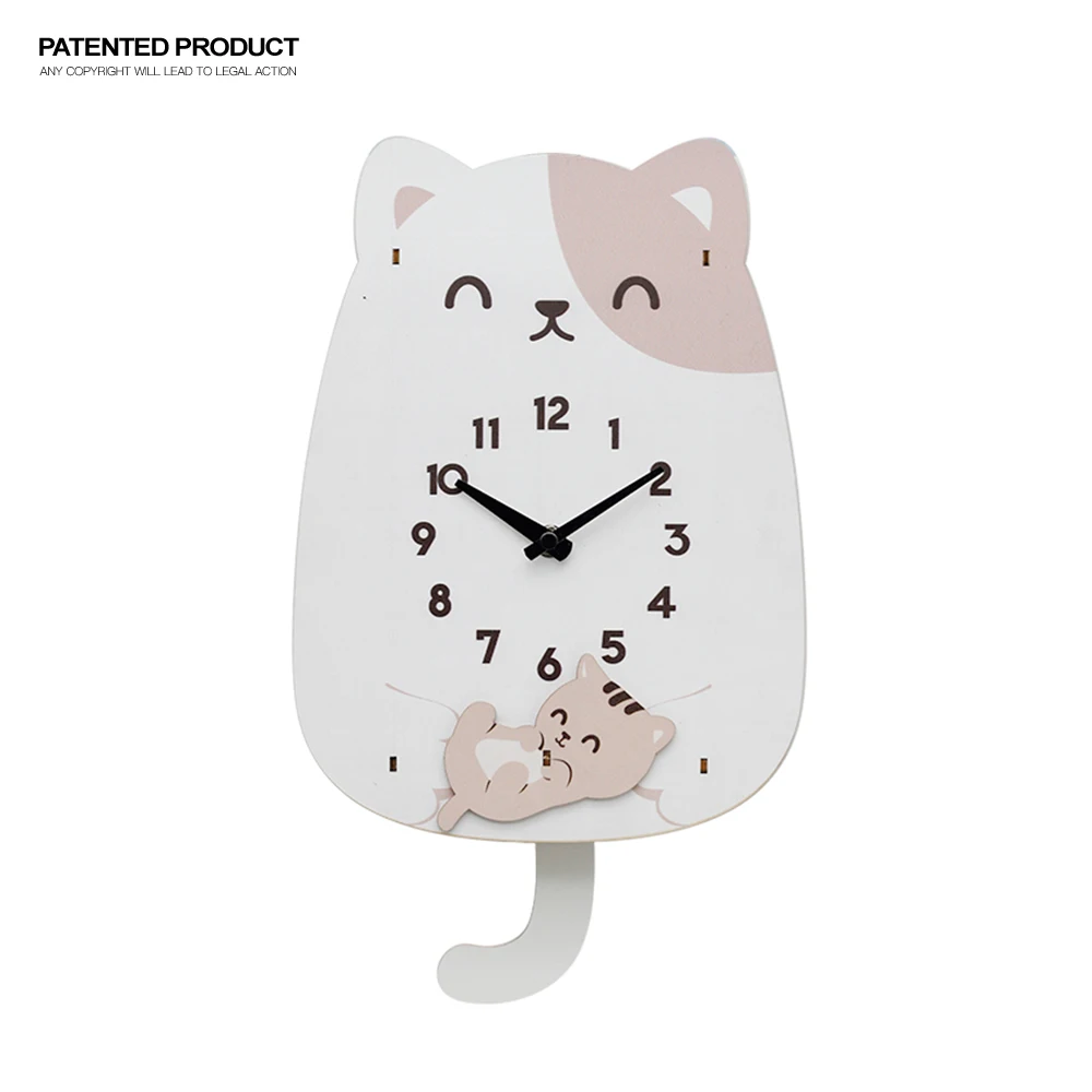 

Factory price white cat shape kid cartoon clock Pendulum mdf wall clock for chidren's room decoration, Customized color