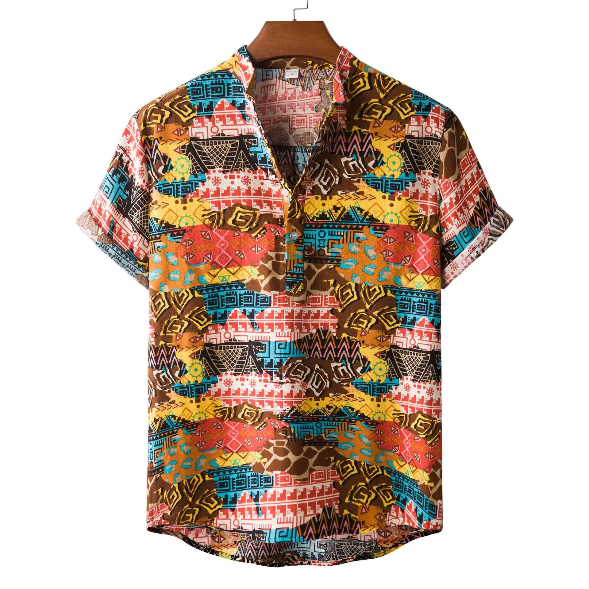 

New short sleeves cotton linen material ethnic style men's flower shirt temperament commuting